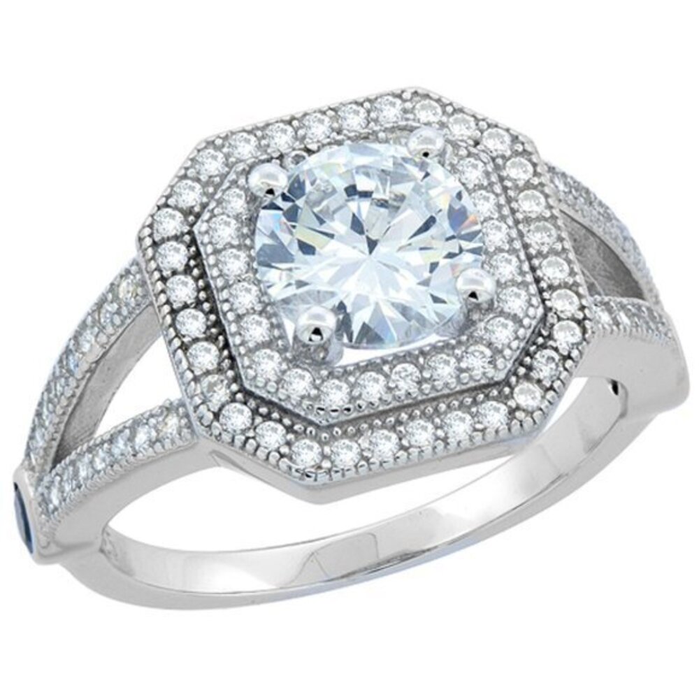 Sterling Silver Round Art Deco Ring CZ Accents Rhodium Finish, 1/2 inch wide